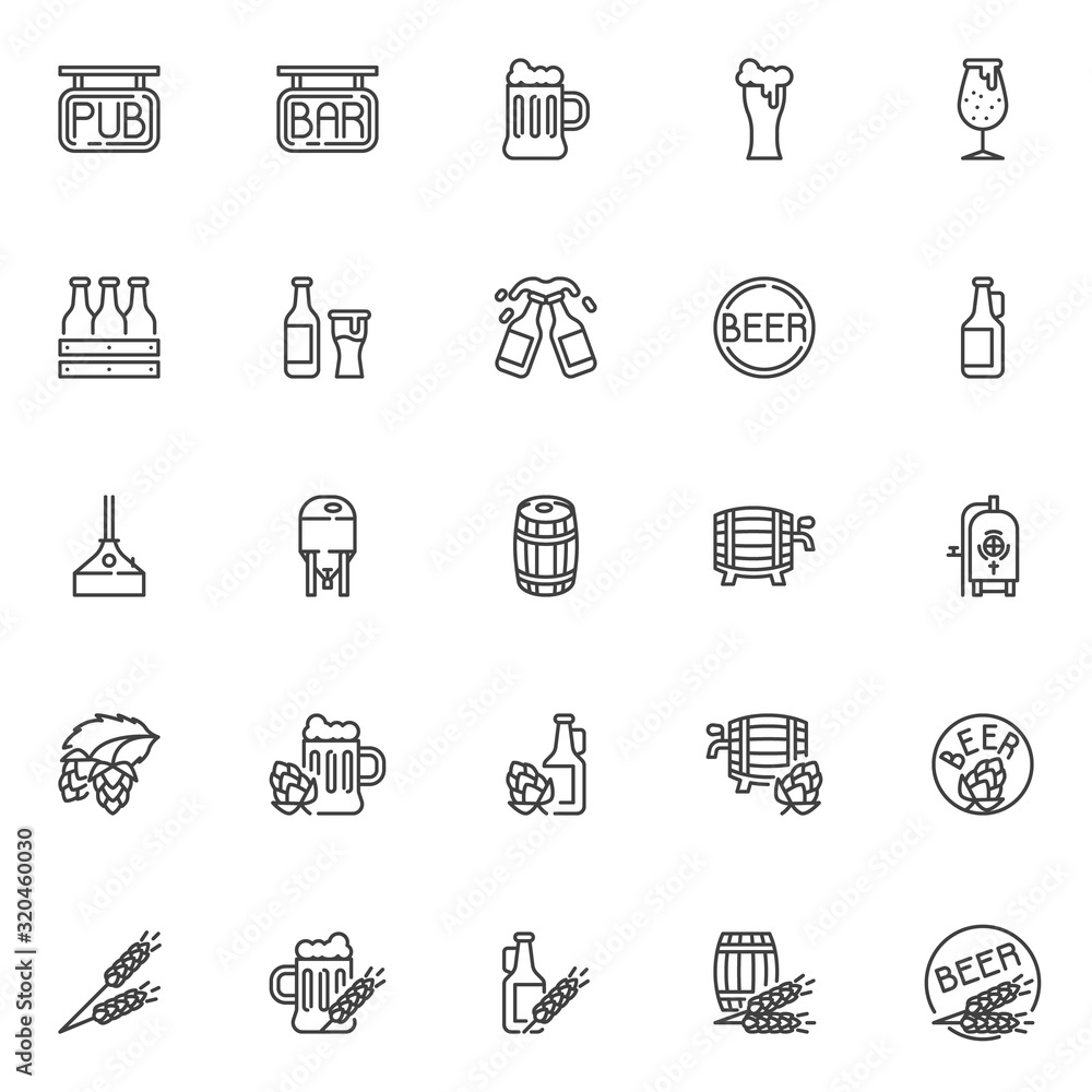 Brewery line icons set. Craft beer production linear style symbols collection, Pub and bar outline signs pack. vector graphics. Set includes icons as lager beer bottle, pint glass, wood barrel, ale Brewery line icons set. Craft beer production linear style symbols collection, Pub and bar outline signs pack. vector graphics. Set includes icons as lager beer bottle, pint glass, wood barrel, ale