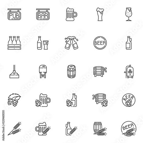 Brewery line icons set. Craft beer production linear style symbols collection  Pub and bar outline signs pack. vector graphics. Set includes icons as lager beer bottle  pint glass  wood barrel  ale