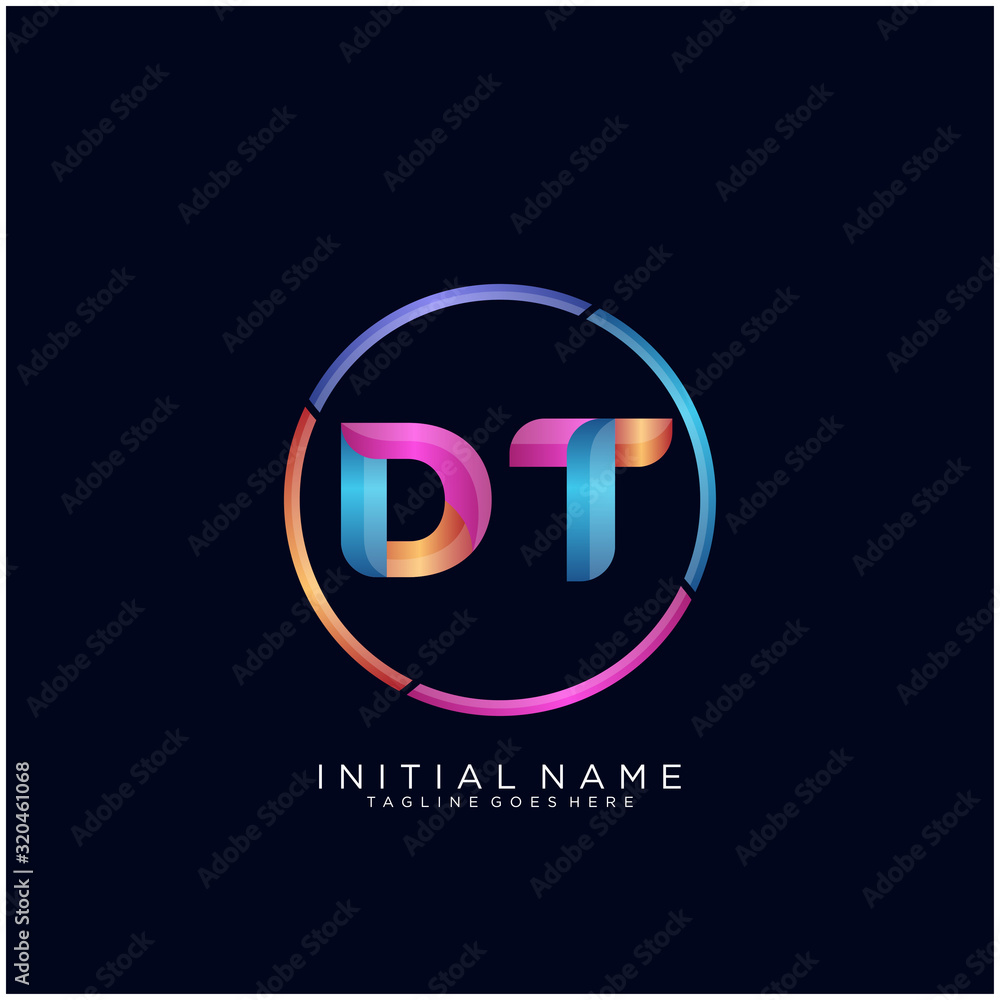Initial letter DT curve rounded logo, gradient vibrant colorful glossy colors on black background