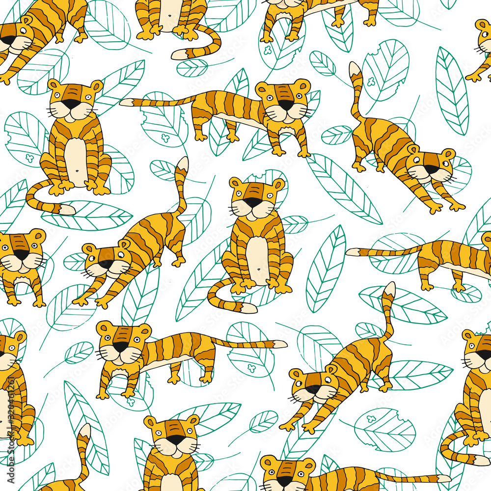 Fototapeta premium Big cat prawling in the jungle kids seamless pattern. Cute flat hand drawn tiger character endless texture. Cartoon wallpaper