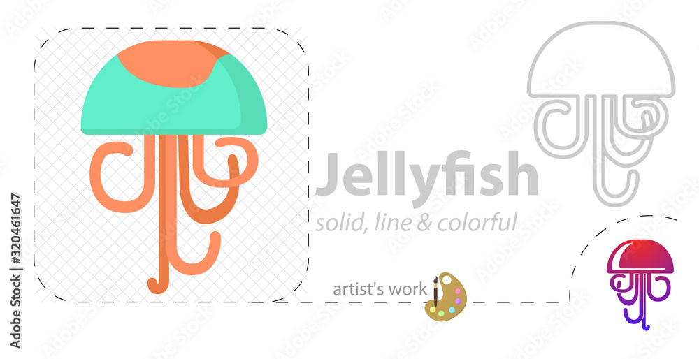 Jellyfish vector flat illustration, solid, line icon Jellyfish vector flat illustration, solid, line icon