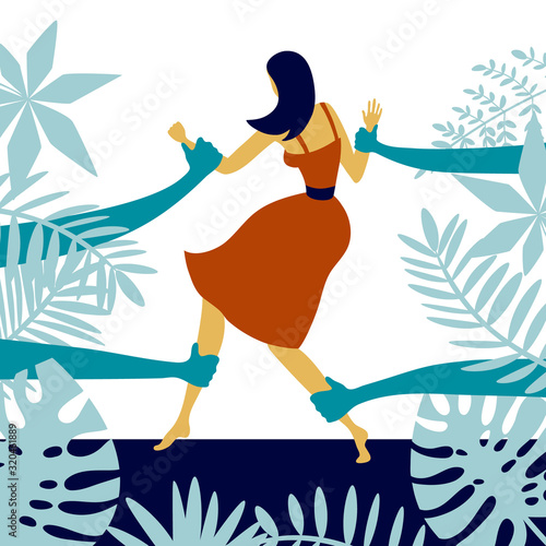 Girl caught, arrested, hold by others and resisting. Metaphor. Character concept. Colorful flat cartoon design. Vector