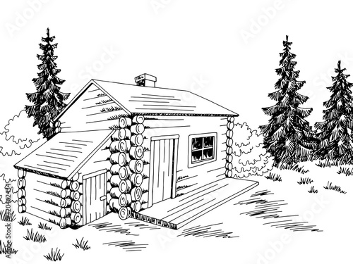 Wood cabin house graphic black white landscape sketch illustration vector