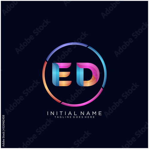 Initial letter ED curve rounded logo, gradient vibrant colorful glossy colors on black background
