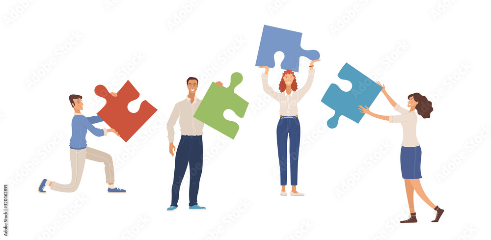 Obraz premium Businesspeople with puzzles flat vector illustration