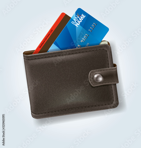 Black leather wallet with bank cards. Isolated vector illustration
