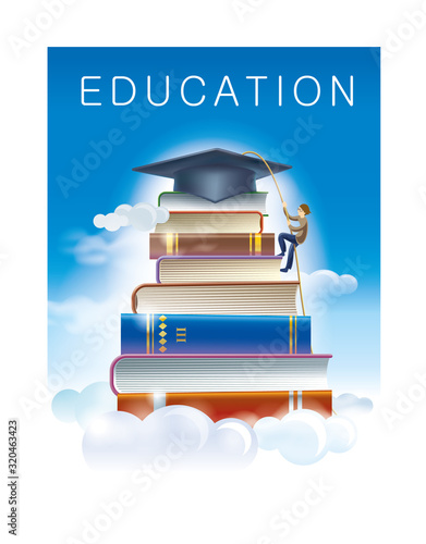Vector illustration of a student climbs a mountain of books. Student cap on the top of the mountain and 'Education' text. Editable EPS vector