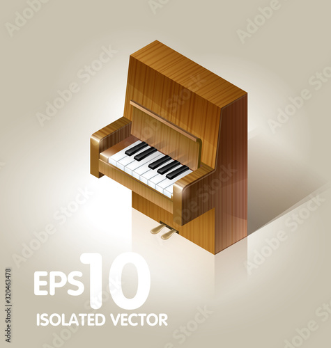 Isometric photorealistic 3d illustration of piano. Short one octave keyboard piano in isometric projection. Editable EPS vector