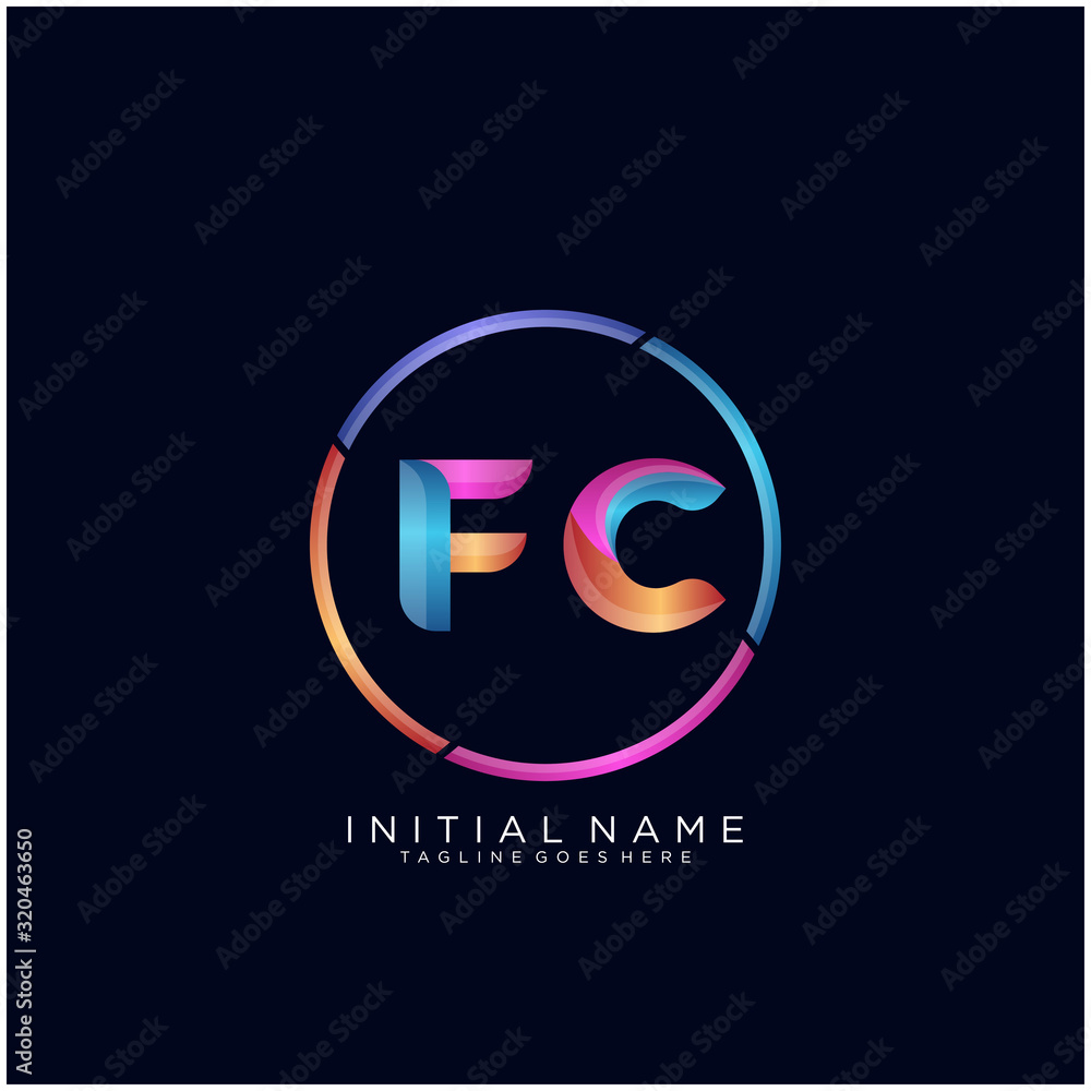 Obraz premium Initial letter FC curve rounded logo, gradient vibrant colorful glossy colors on black background