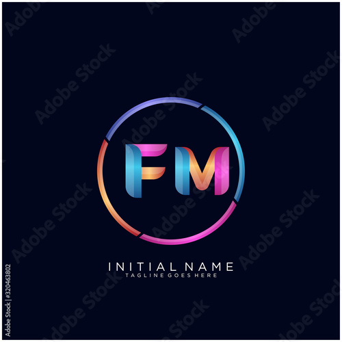 Initial letter FM curve rounded logo, gradient vibrant colorful glossy colors on black background