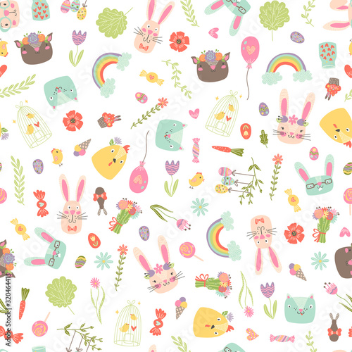 unique vector easter seamless pattern with cute clipart: bunny, egg, flower, plant, rainbow, balloon, deer, cat etc. cartoon easter repeating tile with spring clip art for fabric, wrapping paper, card