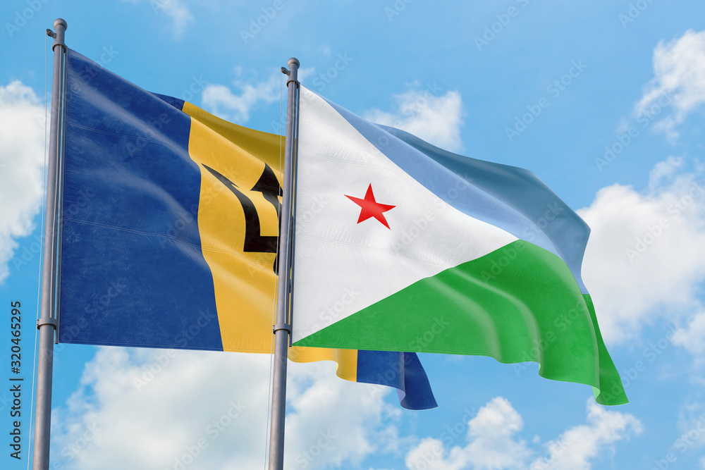Djibouti and Barbados flags waving in the wind against white cloudy blue sky together. Diplomacy concept, international relations. Djibouti and Barbados flags waving in the wind against white cloudy blue sky together. Diplomacy concept, international relations.