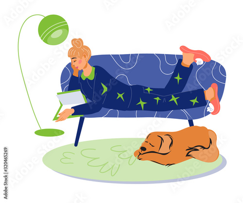 Woman cartoon character resting at home on couch with book. Cute girl in pijama laying on couch and enjoying leisure and recreation, spare time. Flat vector illustration isolated.