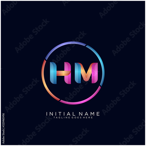 Initial letter HM curve rounded logo, gradient vibrant colorful glossy colors on black background