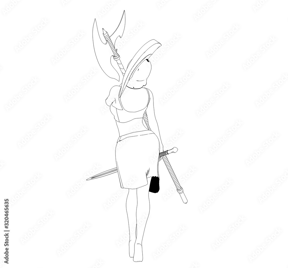Fototapeta premium warrior woman character, 3D illustration, sketch, outline