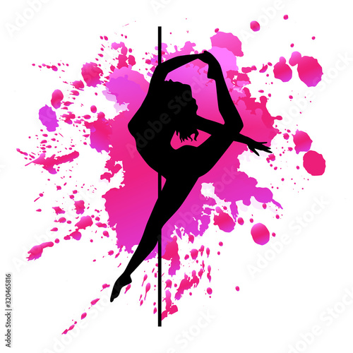 Vector black silhouette pole dance on pink watercolor blot on a white background. Hand scketch exotic dance vector illustration. Isolated clipart for logotype, badge, icon, logo, banner, tag, clothes