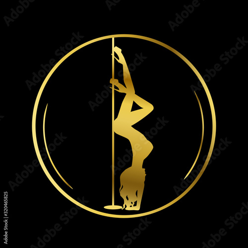 Gold logo for Dance studio, Pole dance, stripper club. Silhouette pole dance on a black background. Pole dance exotic vector illustration. Vector illustration for logotype, icon, banner