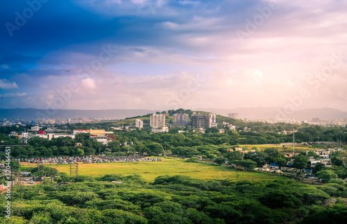 Beautiful aerial view landscape of green Pune city, Maharashtra, India