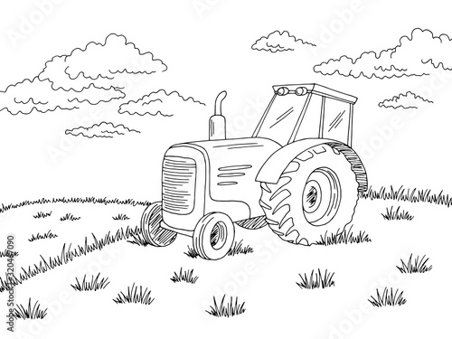 Tractor on the field graphic black white landscape sketch illustration vector