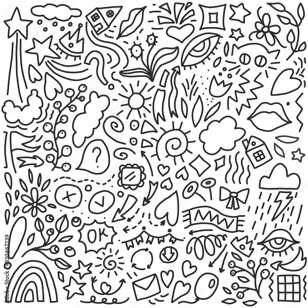 Doodle background. Hand drawn elements: arrow, heart, love, star, leaf, sun, cloud, flower, eye, lips etc