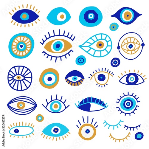 Doodle drawing evil eyes set. Different hand drawn talismans collection. 