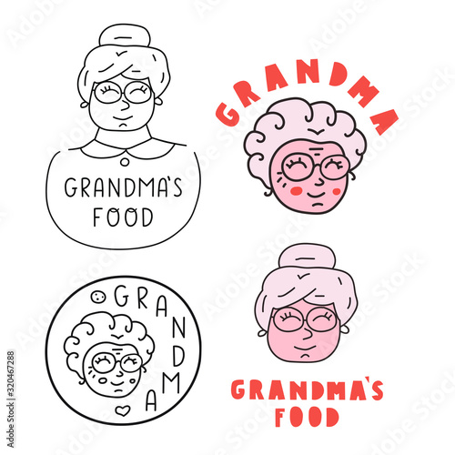 Grandma's food. Concept for bakery or cafe. Set of badges vector hand drawn illustrations.  
