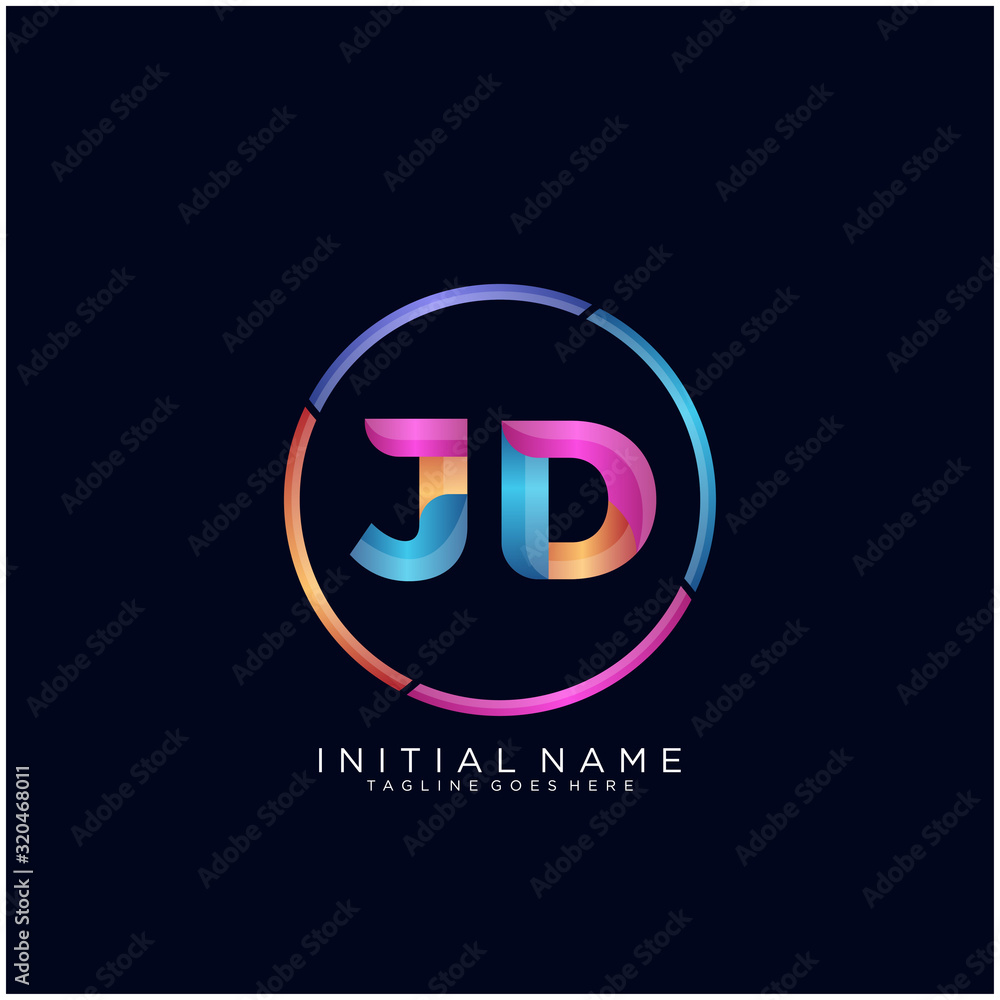 Initial letter JD curve rounded logo, gradient vibrant colorful glossy colors on black background Initial letter JD curve rounded logo, gradient vibrant colorful glossy colors on black background