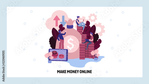 Make money online concept. People work in computer technology business to earn money. Vector web site design template. Landing page website concept illustration