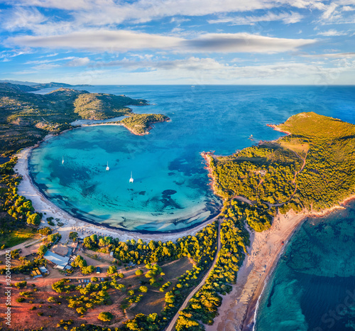 View from flying drone. Exotic spring view of Rondinara beach. Exciting morning seascape of Mediterranean sea. Attractive scene of Corsica island, France, Europe. Beauty of nature concept background..