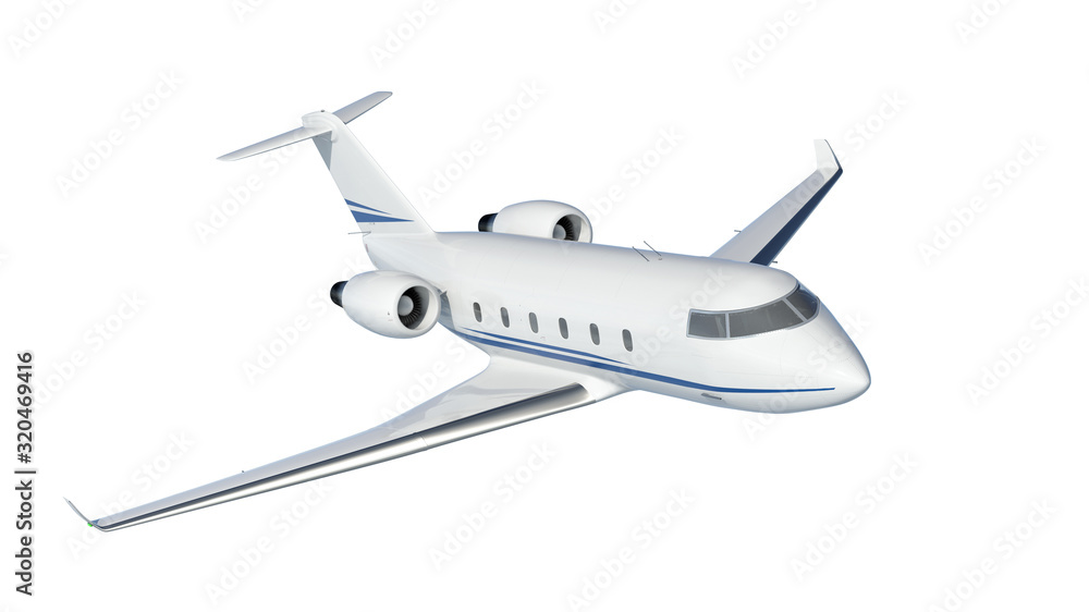 Private jet flying 3d illustration isolated on white