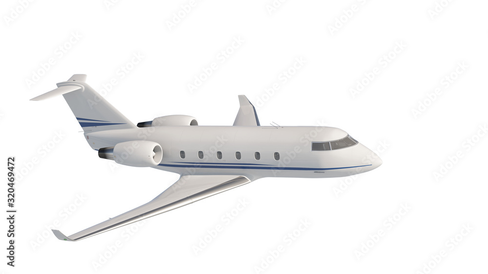 Private jet flying 3d illustration isolated on white background