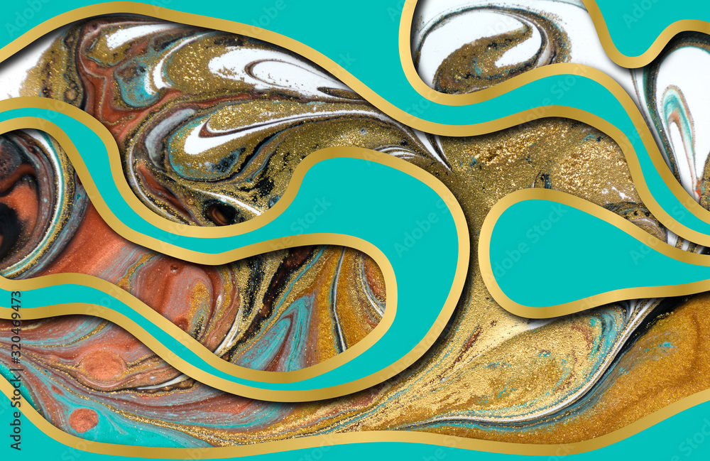 Blue and gold agate ripple pattern. Marble background with wave layers. Blue and gold agate ripple pattern. Marble background with wave layers.