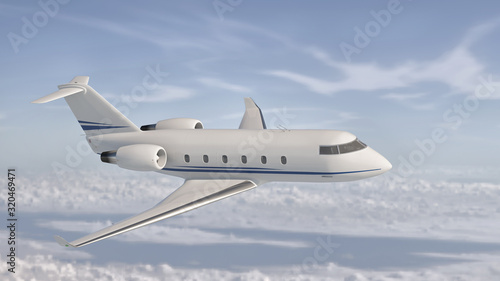 Private jet flying over the sky side view 3d illustration