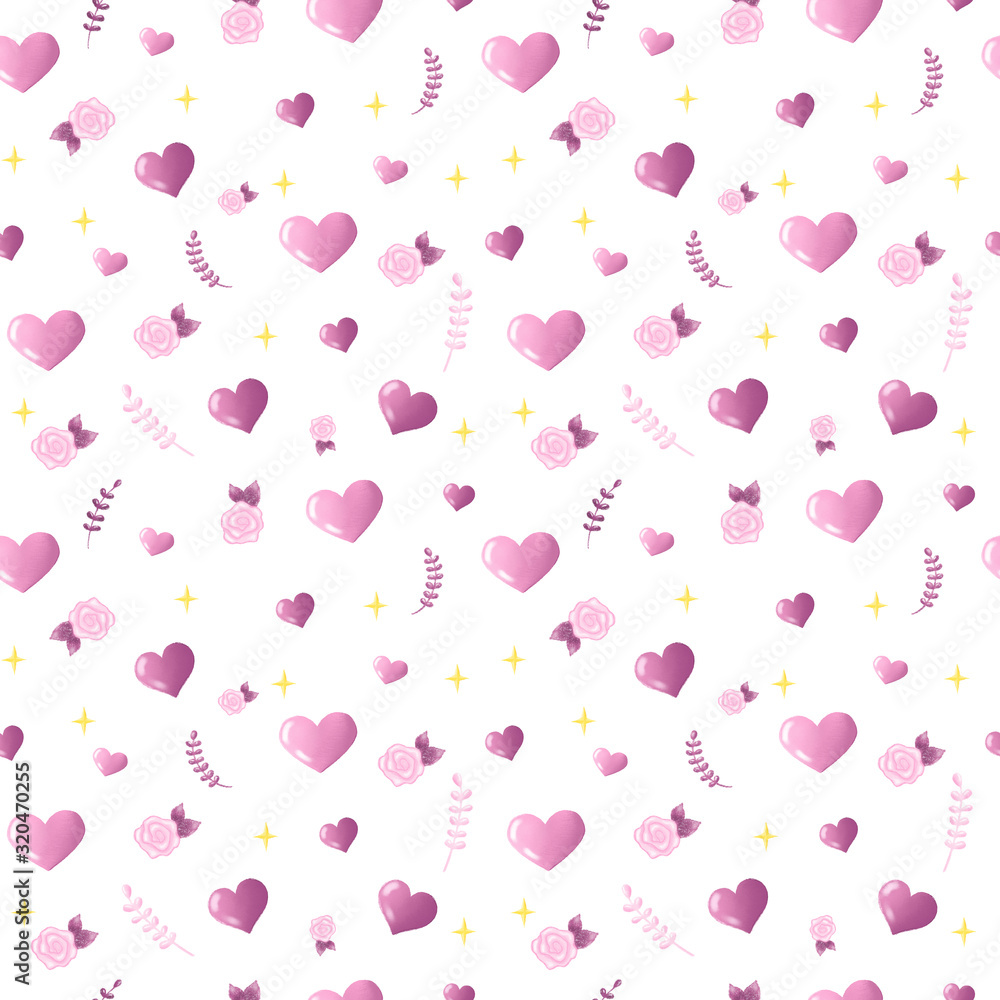 Pink Valentines Day background. Seamless pattern with hand drawn hearts and leaves. Hand-drawn seamless pattern. Pattern for creating fabric, wrapping paper, wallpaper and more.