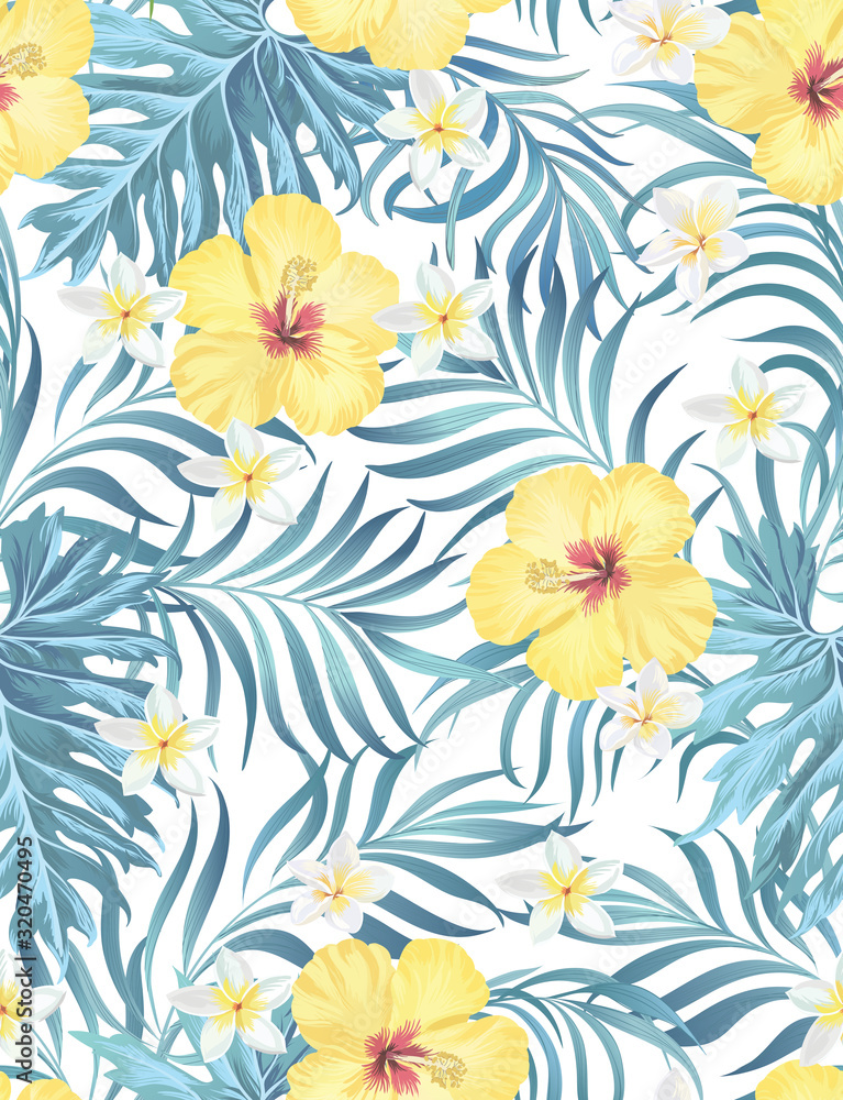 Exotic green seamless vector pattern with palm, banana and hibiscus flowers. Summer botanical backgrioud. Trendy summer print. Exotic green seamless vector pattern with palm, banana and hibiscus flowers. Summer botanical backgrioud. Trendy summer print.