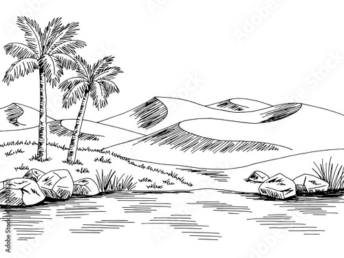 Desert river graphic black white landscape sketch illustration vector