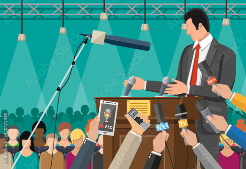 Public speaker. Rostrum, tribune and hands of journalists with microphones and digital voice recorders. Press conference concept, news, media, journalism. Vector illustration in flat style