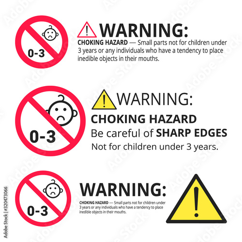 Not suitable for children under 3 years choking hazard forbidden signs set stickers isolated on white background vector illustration. Warning triangle and exclamination mark, sharp edges.