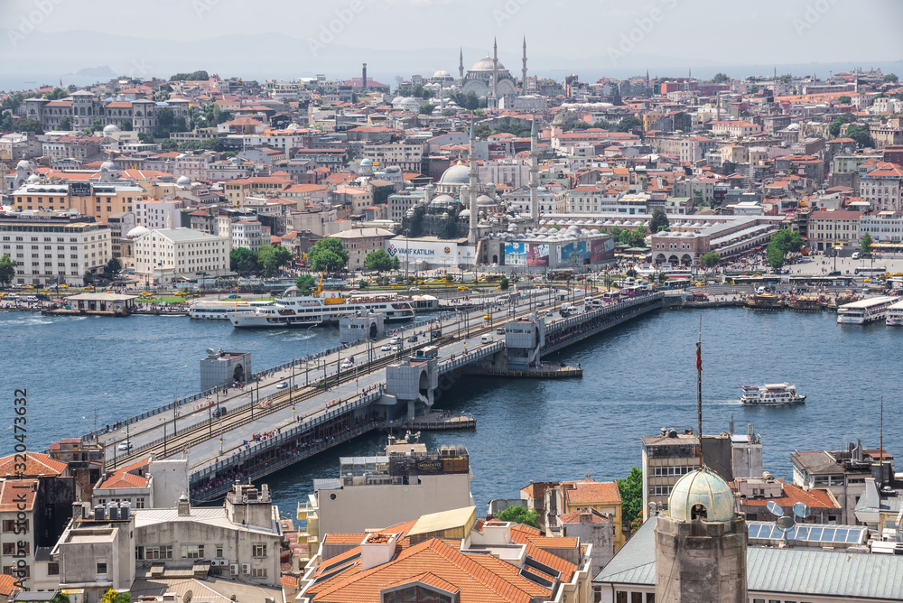 Top view of Istanbul city and Galata bridge in Turkey