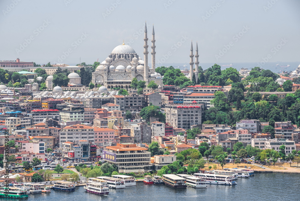 Naklejka premium Top view of Istanbul city and Dock For Bosphorus Trips in Turkey