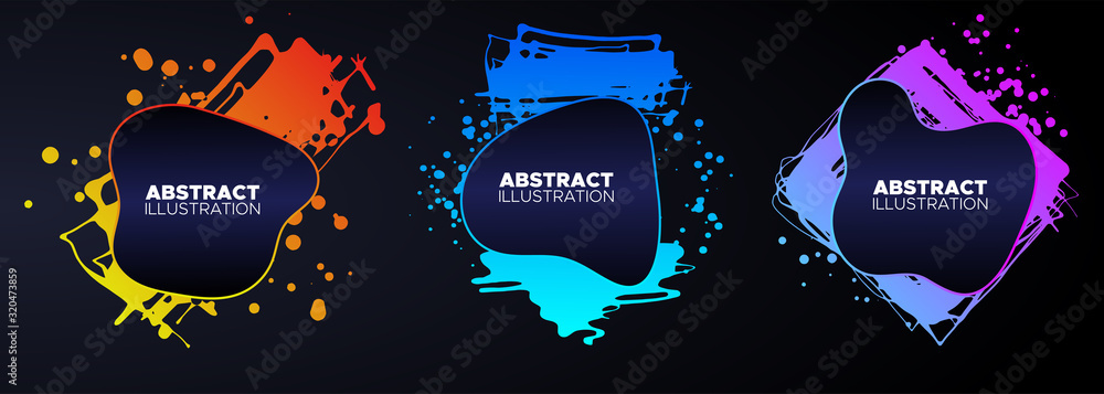 Set of modern abstract vector banners. Ink style shapes of gradient colors on dark background. - obrazy, fototapety, plakaty 