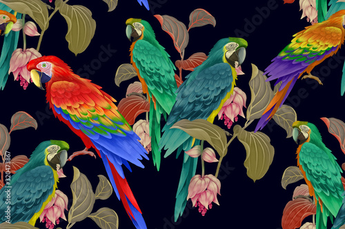 Canvas Print Flowers and macaw on black background. Seamless pattern.