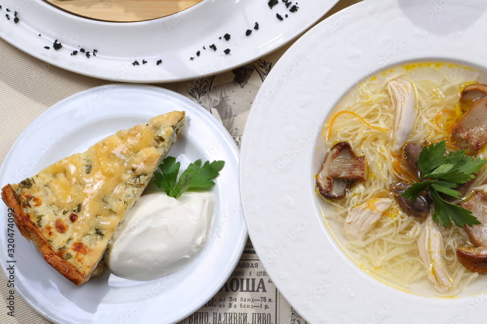 Mushroom soup on white wooden table Mushroom soup on white wooden table