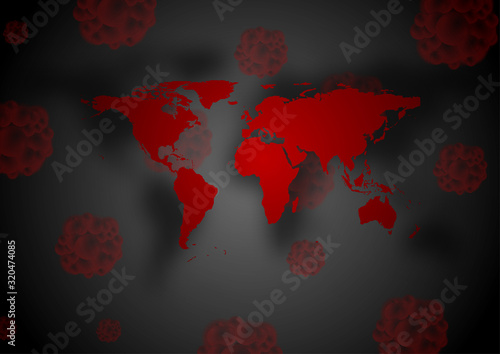 Coronavirus 2019-nCoV from China. Red world map and threatening bacteria on black background. Vector design