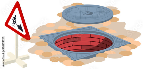 Open sewer manhole. Sign of repair work.