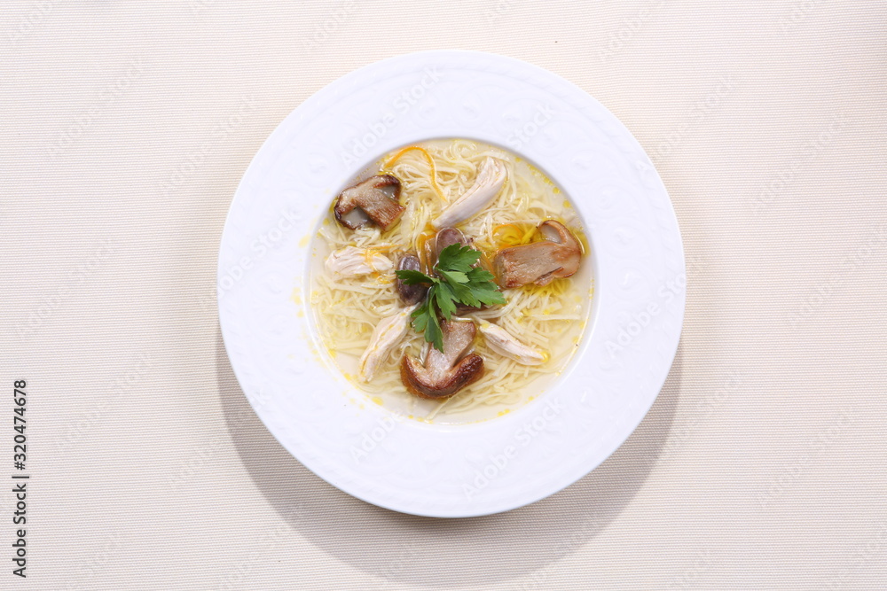 Mushroom soup on white wooden table Mushroom soup on white wooden table
