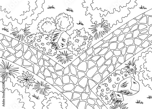 Garden landscape architect design backyard graphic black white sketch aerial view illustration vector