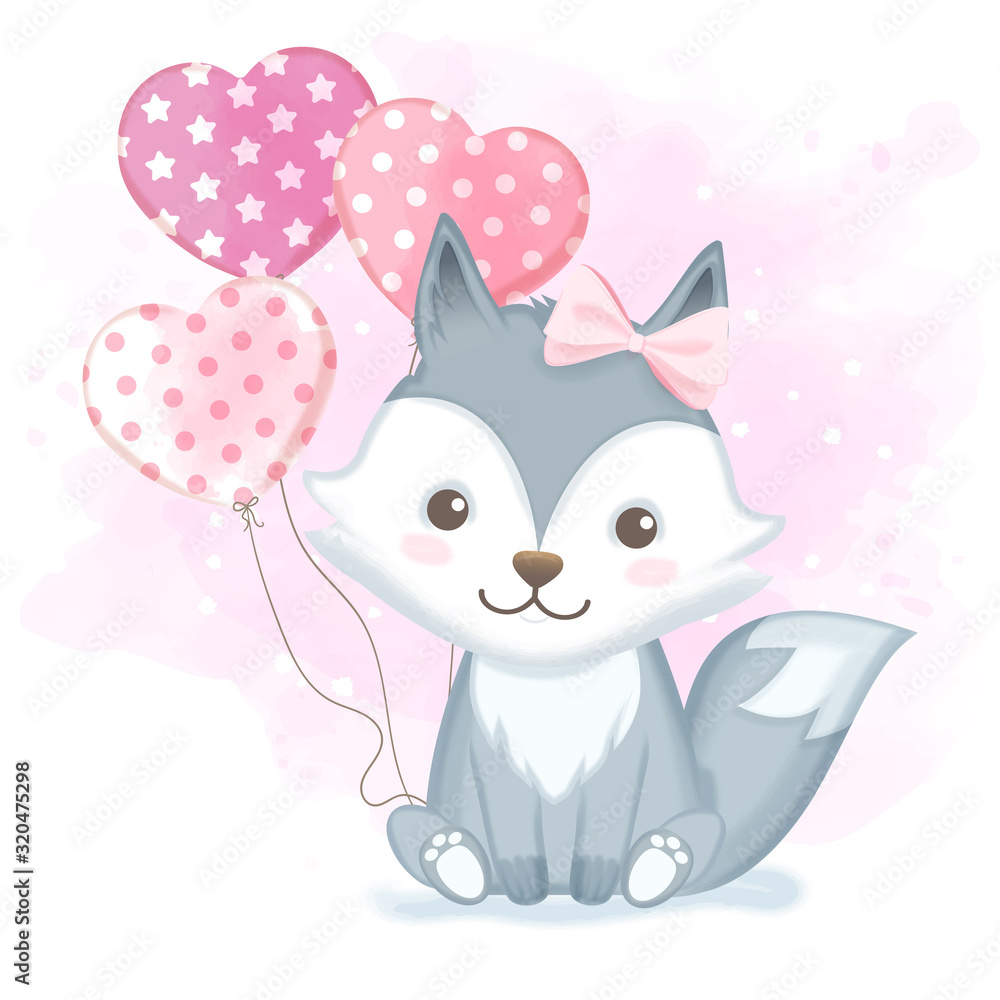 Fototapeta premium Cute baby fox with balloon hand drawn watercolor illustration