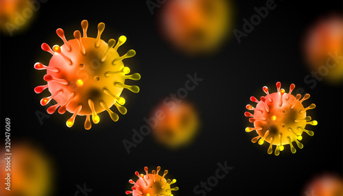 Group of Coronaviruses 3d realistic vector in dark blue background. corona virus cell, wuhan virus disease. Perfect for banner information, flyer, poster, etc.