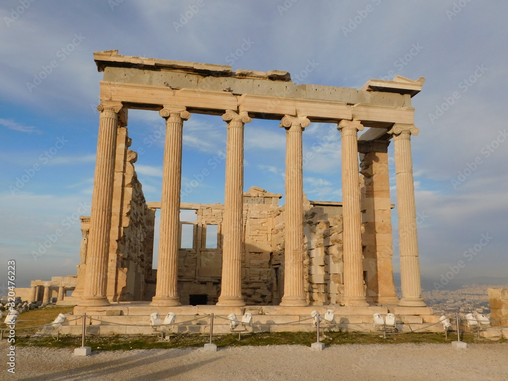 The Erectheion temple, in the ancient Acropolis, under the morning light, in Athens, Greece